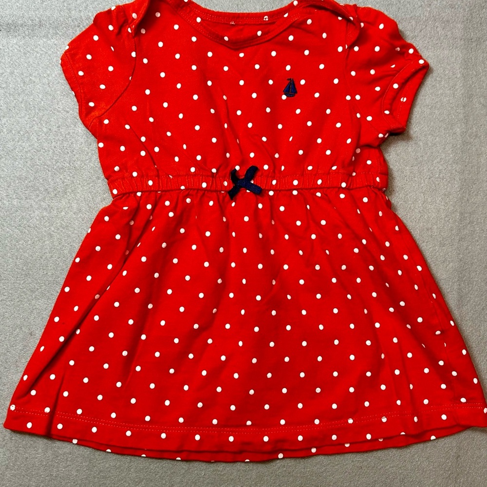 Carters girls orangey/red polka dot short sleeve dress with navy bow accent- 9m
